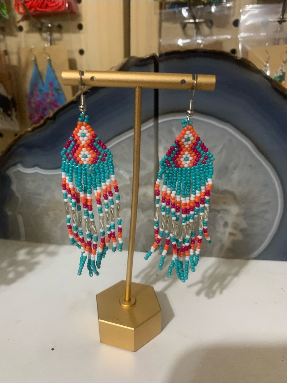 Turquoise Beaded Fringe Earrings with Multicolor Accents - Women Jewelry